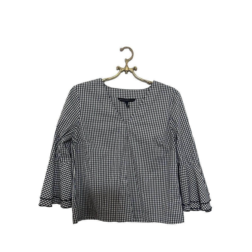 White House Black Market Blouse Gingham Blouse Bell Sleeve Blouse 6 Black White